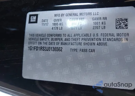 2018 Chevrolet Camaro 2Lt из США, поврежденный, VIN 1G1FD1RS3J0136562